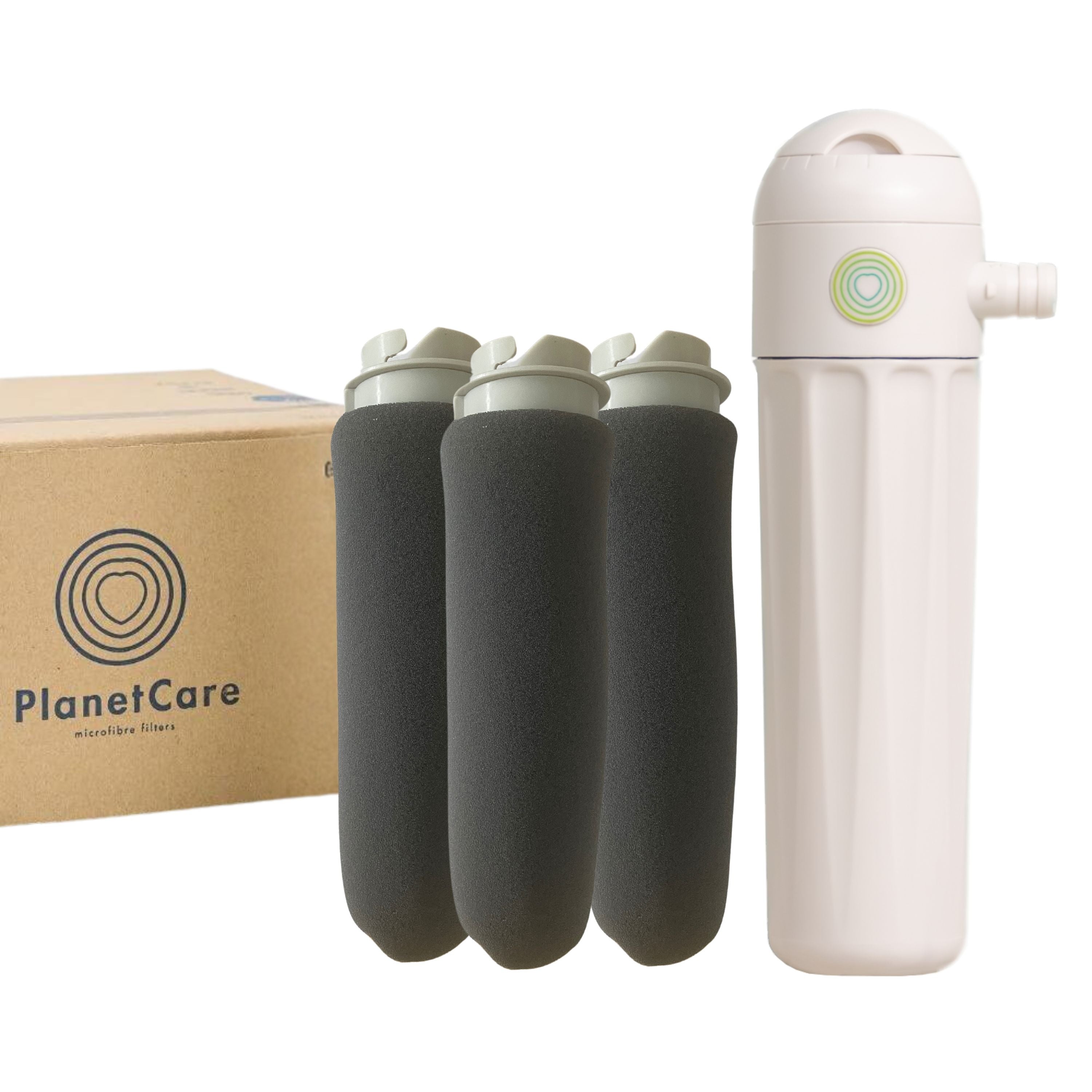 The PlanetCare Starter Kit Mini Reusable microfiber filter is a washing machine attachment with a white filter housing, three black replacement cartridges, and comes in a brown box branded with the PlanetCare logo for microplastic removal.