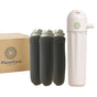 The PlanetCare Starter Kit Mini Reusable microfiber filter is a washing machine attachment with a white filter housing, three black replacement cartridges, and comes in a brown box branded with the PlanetCare logo for microplastic removal.