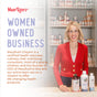 A smiling blonde woman in a red cardigan stands before shelves of supplements. Text highlights MaryRuth’s, a women-owned brand by MaryRuth Ghiyam, offering sugar-free Kids Nighttime Multimineral Liquid to support immune function.*.