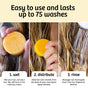Step-by-step guide showing how to use the Smoothing Conditioner Bar - Chia Glow by Sunniemade: wet your hair, distribute the bar throughout your hair, and rinse thoroughly. Text highlights that this conditioner bar is easy to use and can last up to 75 washes. Infused with chia seed oil, it helps reduce frizz for smoother, more manageable hair. For best results, pair with a Sunniemade shampoo bar.