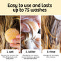 Three-step guide for using Sunniemade Smoothing Shampoo Bar – Chia Glow: 1. Wet the bar and your hair; 2. Massage the plastic-free Smoothing Shampoo Bar – Chia Glow onto your scalp to help reduce frizz and create a lather; 3. Rinse thoroughly under water. Each step shows hands and wet hair in use, and text highlights that the bar lasts up to 75 washes.