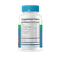 A white plastic supplement bottle with a blue cap, showing the Supplement Facts label and ingredients list. The label lists vitamins, minerals, omegas, and other nutrients per serving in black text on a white background, highlighting its formulation as SmartyPants Organic Men’s Multi & Omegas Gummies— a vegetarian multivitamin designed for daily nutritional support.