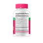 A white supplement bottle of SmartyPants Organic Women’s Multi & Omegas Gummies with a pink cap displays the Supplement Facts label, featuring nutritional details and ingredients for this organic women’s multivitamin in black text. Pink and green sections of the label wrap around the edges of the bottle.