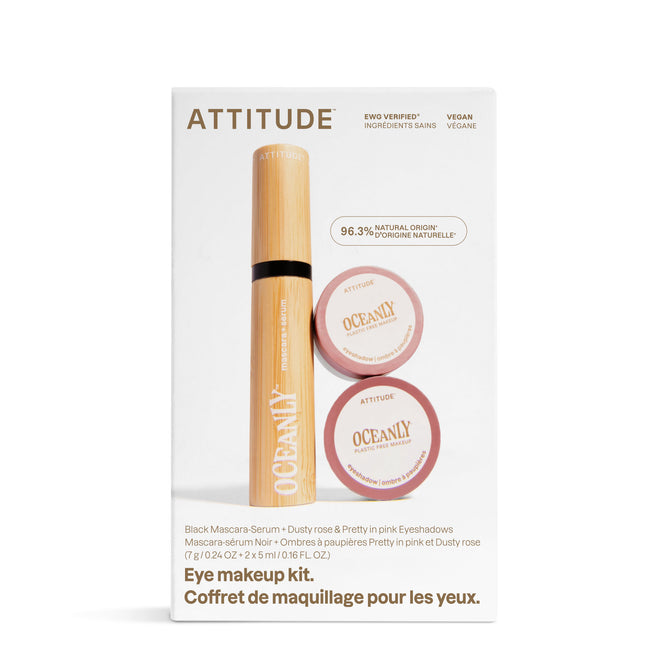 The ATTITUDE Oceanly Eye Kit includes a black mascara serum and two pink eyeshadows in vegan formulas. The packaging features natural ingredients and bilingual English/French text.