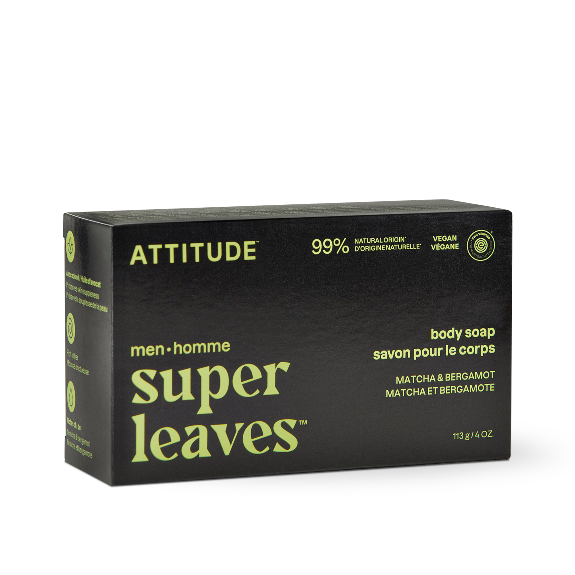 A rectangular box of ATTITUDE super leaves men Body soap in Matcha & Bergamot scent. Its black packaging with green and yellow text highlights plastic-free packaging, EWG Verified®, and 99% natural origin.