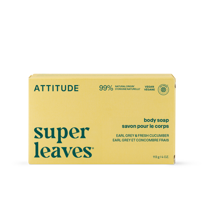 A 113g yellow box of ATTITUDE super leaves Body Soap in Earl Grey and Fresh Cucumber scent, featuring 99% natural origin ingredients and vegan, plastic-free packaging.