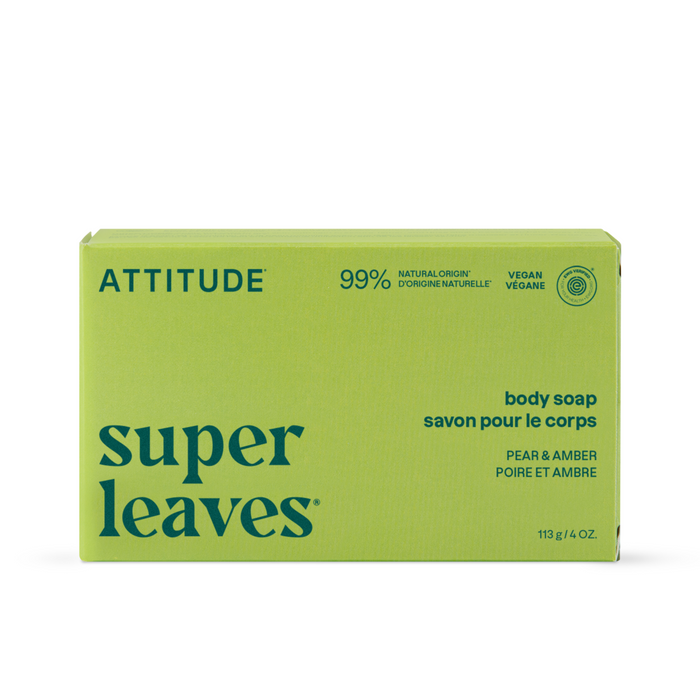 A 113g/4oz green box of ATTITUDE super leaves Body Soap with 99% natural origin, vegan ingredients, pear & amber scent, plastic-free packaging, and bilingual English/French text.