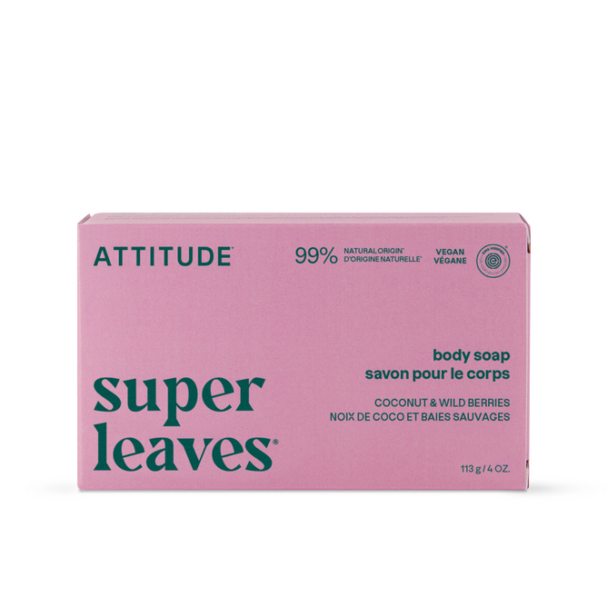 A 113g (4 oz) pink box of ATTITUDE super leaves Body Soap, vegan and plastic-free, made with 99% naturally derived ingredients and scented with coconut and wild berries.