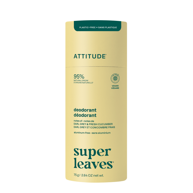 A yellow cylindrical stick of ATTITUDE super leaves Deodorant with green text, EWG Verified, plastic-free, aluminum-free, and scented with Earl Grey & Fresh Cucumber.