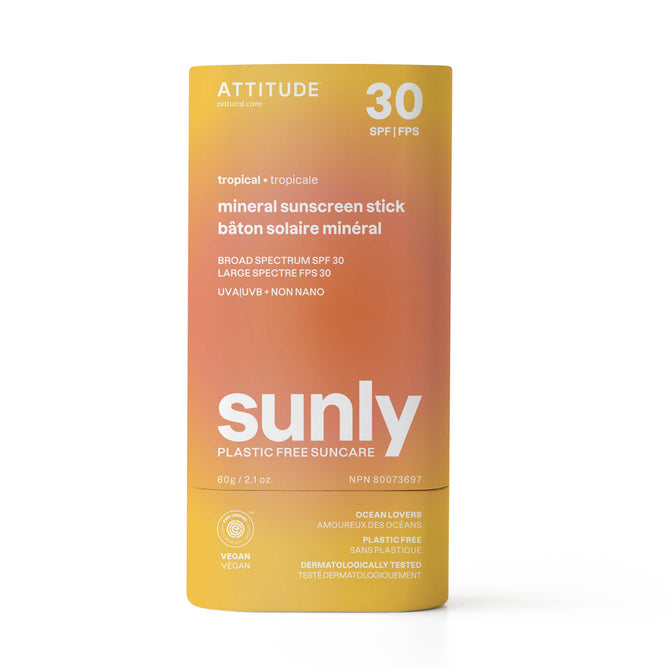 A yellow-to-orange gradient Sunly Sunscreen Stick SPF30 by ATTITUDE, made with non-nano zinc oxide, vegan ingredients, plastic-free packaging, broad spectrum protection, and dermatologist-tested.