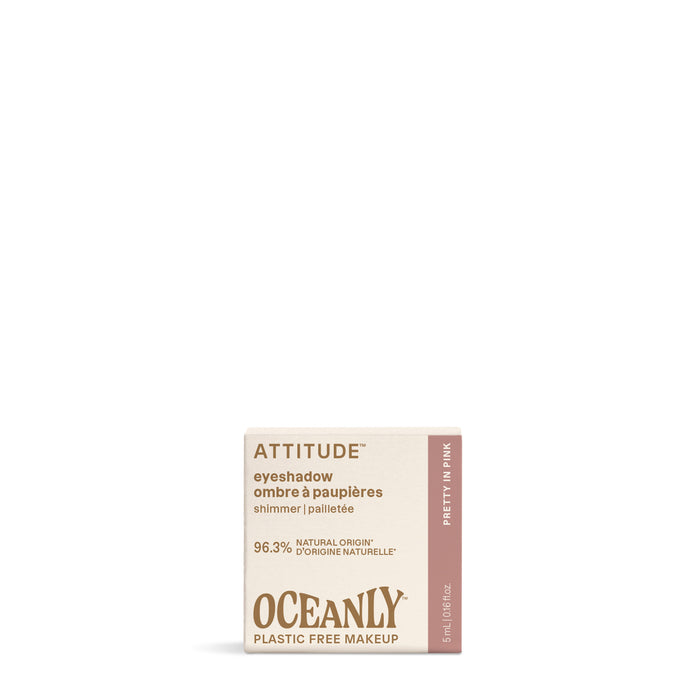 A small, square box of Oceanly Eyeshadow by ATTITUDE in Pretty Pink shimmer, 96.3% natural origin, vegan, and plastic-free makeup with natural ingredients, is shown against a white background.