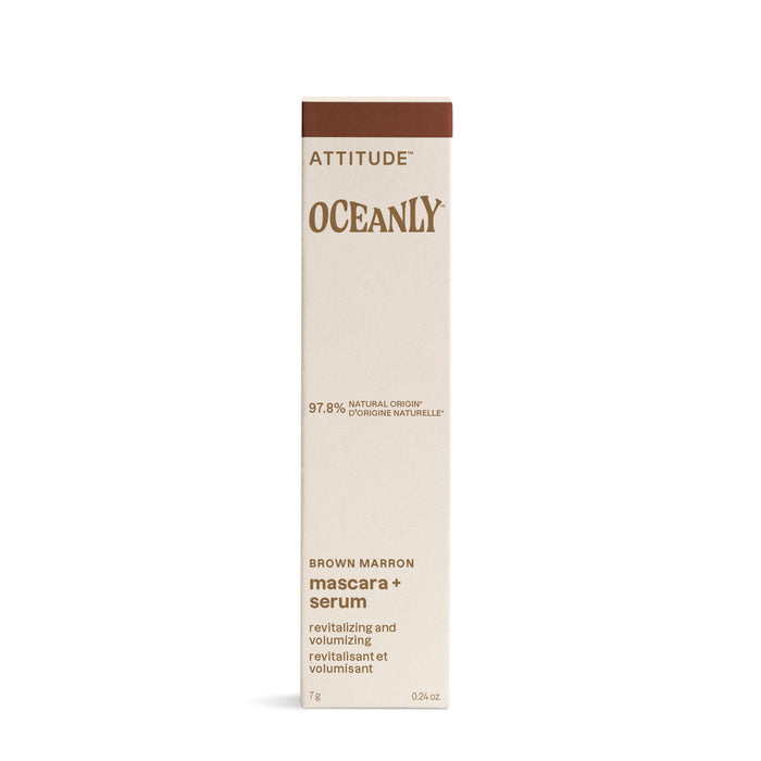 A beige and brown rectangular box of ATTITUDE Oceanly Mascara in Brown Marron, labeled 97.8% natural origin and revitalizing & volumizing, stands upright on a white background.