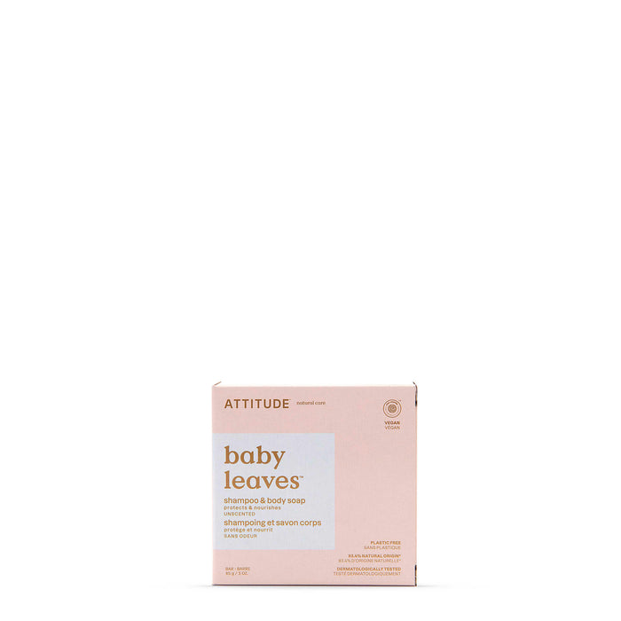 A light pink box of ATTITUDE baby leaves Shampoo and Body Soap is centered on a white background. The minimalist packaging in soft colors is gentle and perfect for sensitive skin.