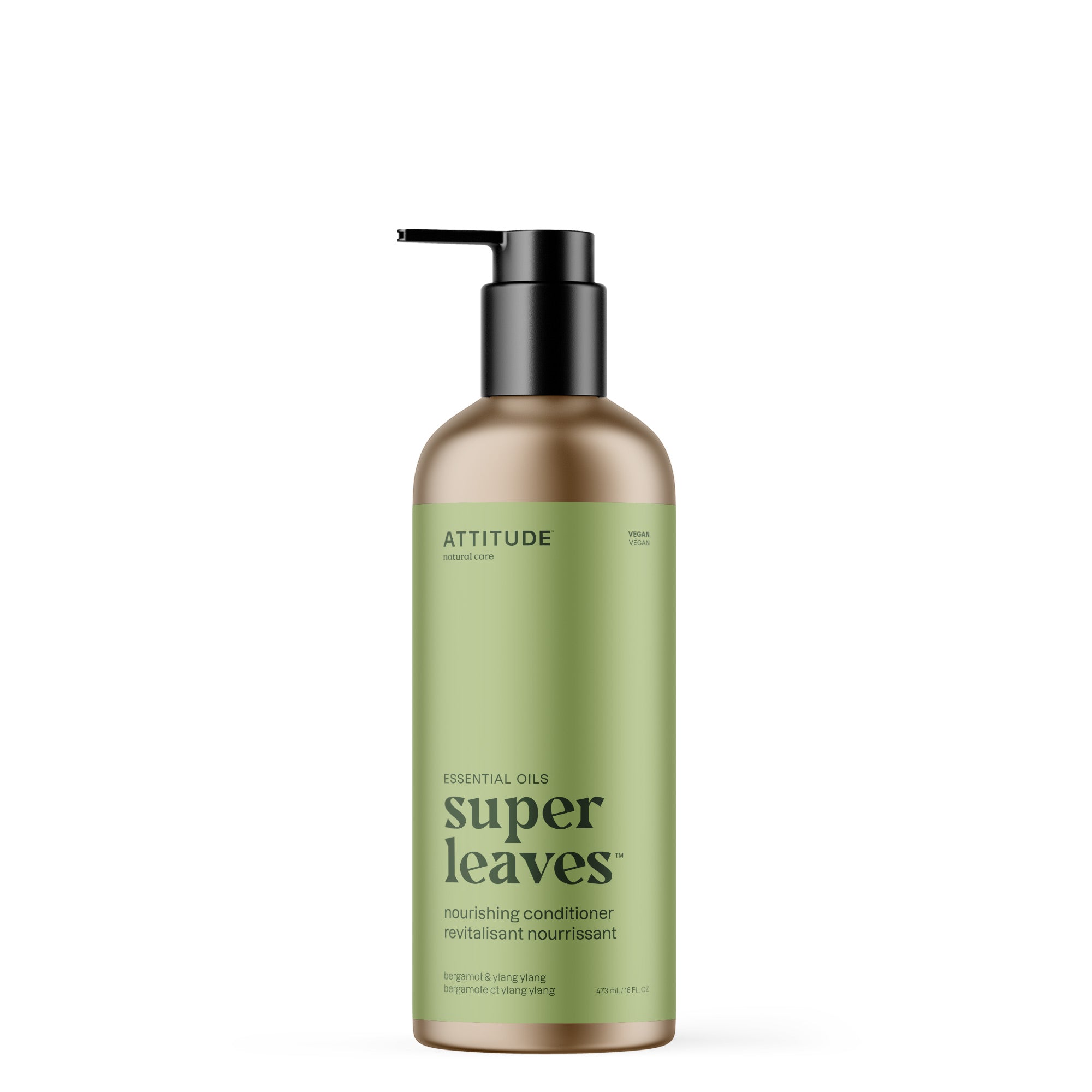 A green bottle of ATTITUDE super leaves essential oils Conditioner Nourishing with a black pump features Bergamot & Ylang-Ylang, naturally sourced ingredients, and is designed to strengthen and revive hair.