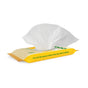 A yellow and beige pack of Caboo Flushable Wipes - Sample, with one wipe pulled out. The packaging has green text that reads, “For owl the places where the sun don’t shine.”.