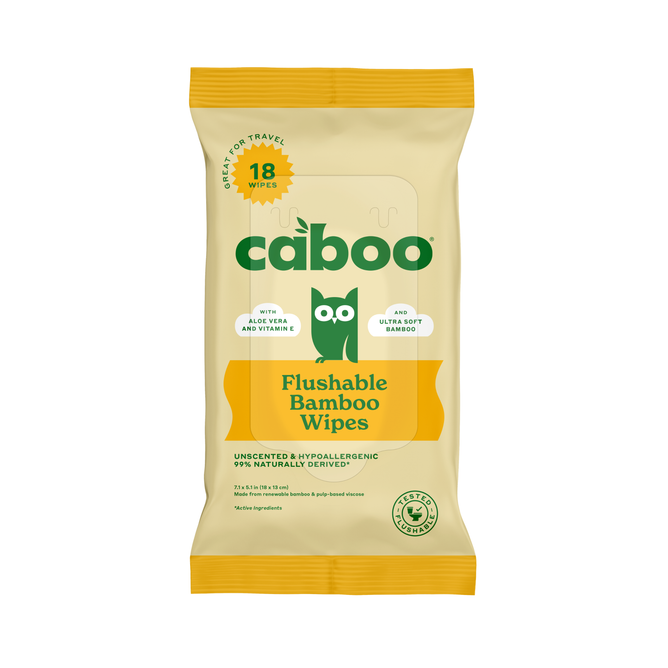 A yellow package of Caboo Flushable Wipes - Sample, with green and white text and an owl graphic, labeled as unscented, hypoallergenic, septic safe wipes containing 18 flushable bamboo wipes.