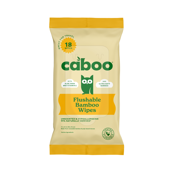 A yellow package of Caboo Flushable Wipes - Sample, with green and white text and an owl graphic, labeled as unscented, hypoallergenic, septic safe wipes containing 18 flushable bamboo wipes.