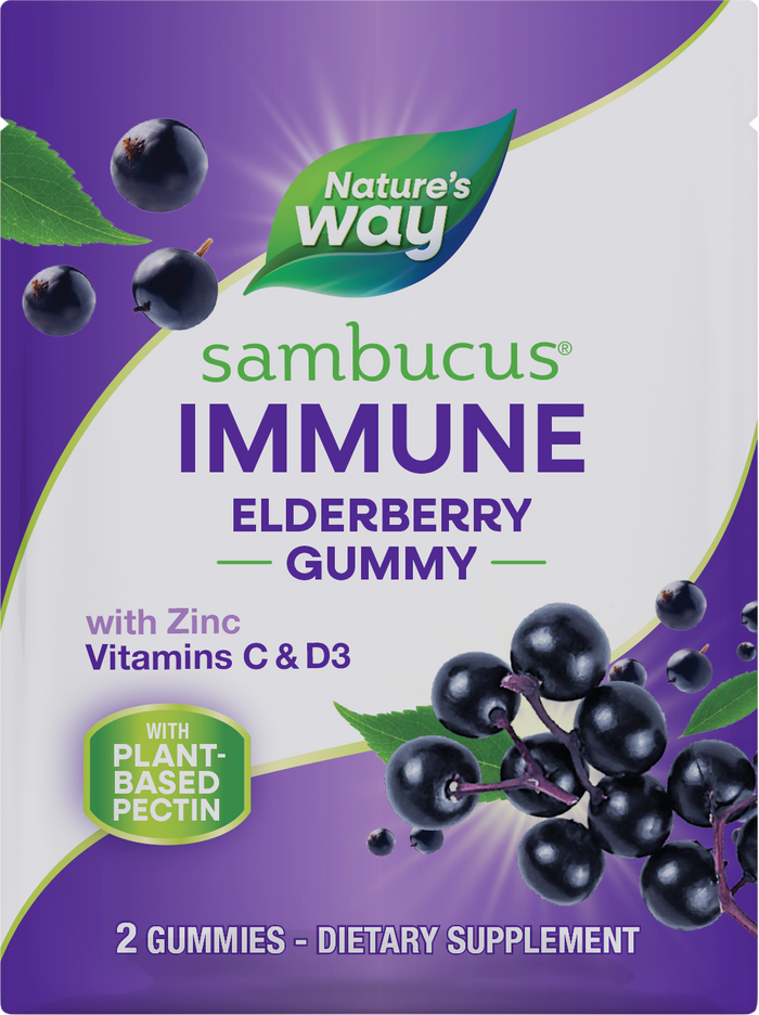 A sample packet of Natures Way Sambucus Immune Gummy with Zinc, Vitamins C & D3, and black elderberry extract. The purple packet features elderberries, green leaves, and contains 2 gummies for immune support.