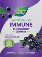 A sample packet of Natures Way Sambucus Immune Gummy with Zinc, Vitamins C & D3, and black elderberry extract. The purple packet features elderberries, green leaves, and contains 2 gummies for immune support.