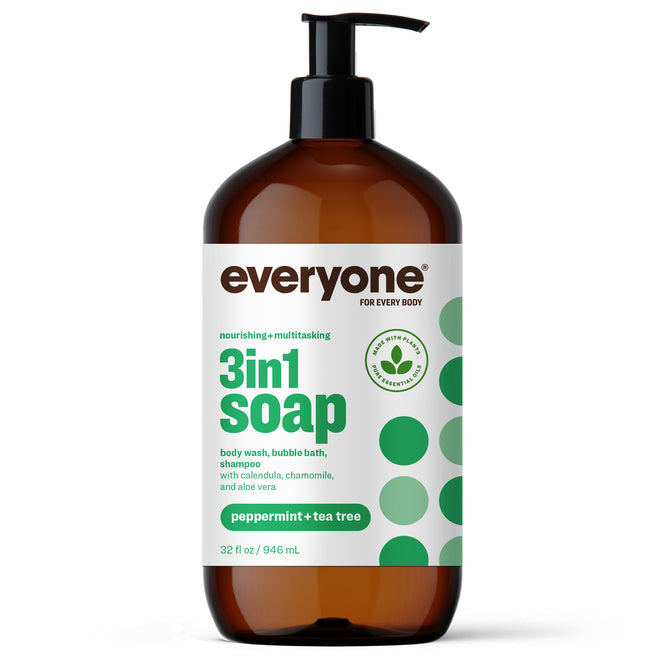 A bottle of Everyone 3in1 Soap, Shampoo, & Bubble Bath with a black pump, featuring peppermint and tea tree scents. Gentle formula can be used as body wash, bubble bath, or shampoo; label has green dots on a white background.