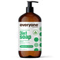 A bottle of Everyone 3in1 Soap, Shampoo, & Bubble Bath with a black pump, featuring peppermint and tea tree scents. Gentle formula can be used as body wash, bubble bath, or shampoo; label has green dots on a white background.