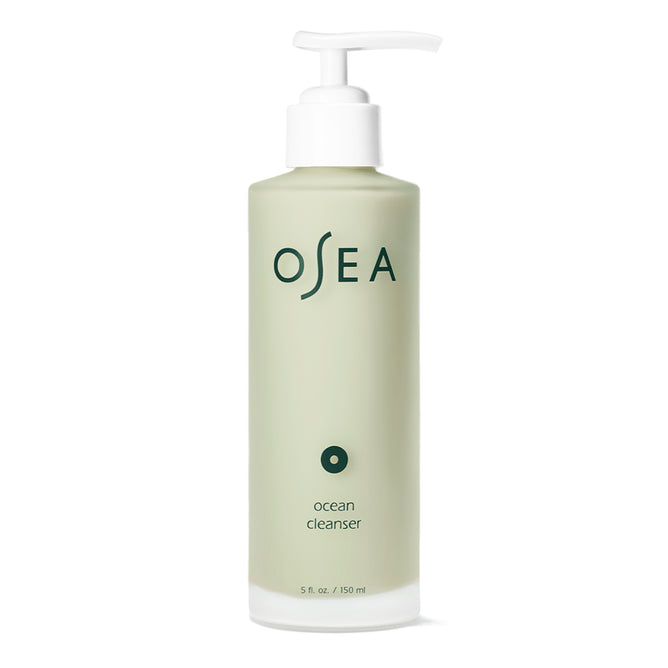 A light green bottle of OSEA Ocean Cleanser, a pH-balanced seaweed gel face wash, with a white pump dispenser and dark green branding on the front label.