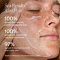 A close-up of a woman with OSEA Ocean Cleanser on her face. Text shares survey results: after one use, skin felt balanced, clean, hydrated, and non-stripped.