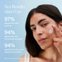 A woman applies OSEA's Atmosphere Protection® Cream to her cheek against a light blue background. Text reveals results: 97% felt soothed, 94% felt hydrated and smoother, and 94% felt more supple and nourished after one use.