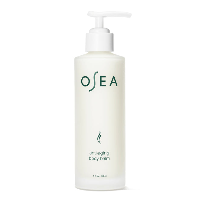 A white 5 fl oz (150 mL) pump bottle labeled OSEA in green text contains OSEA Anti-Aging Body Balm, designed to improve skin elasticity. The bottle stands upright on a white background.