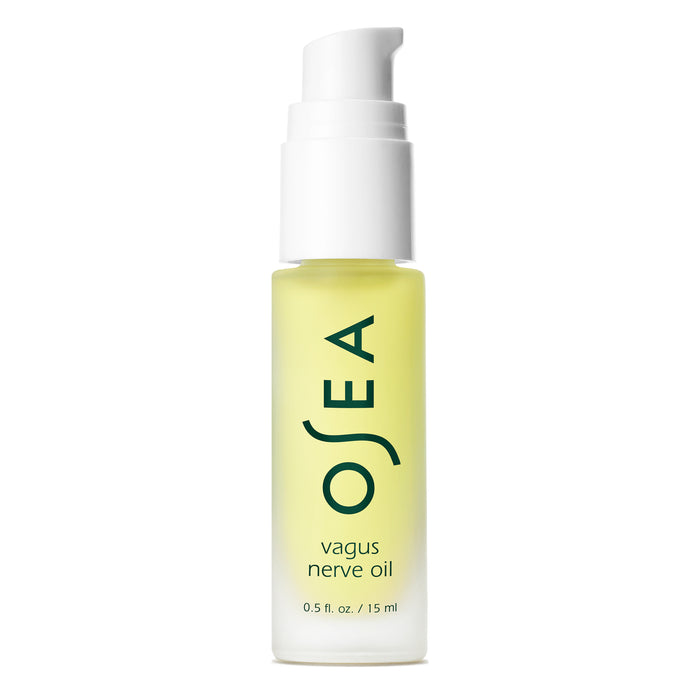 A 0.5 fl oz (15 ml) glass bottle of OSEA Vagus Nerve Oil features a white pump dispenser and contains yellow bath oil with essential oils. The label displays the OSEA and Vagus Nerve Oil names vertically.