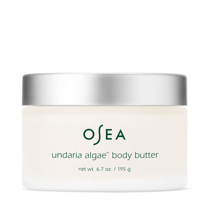 A 6.7 oz (195 g) white jar of OSEA Undaria Algae™ Body Butter with a silver lid, enriched with shea butter and ceramides, is displayed against a plain white background.