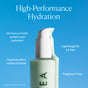 OSEA Hyaluronic Body Serum dispenses from the pump against a blue background. Text highlights 24-hour hydration, strengthens skin’s moisture barrier, lightweight & oil-free formula, and suitable for sensitive skin.