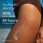A close-up of a person's thigh with OSEA Hyaluronic Body Serum applied on tanned skin. Text: See Results After 1 Use. 161% hydration boost. 24 hours non-stop moisture. The person wears a brown swimsuit.
