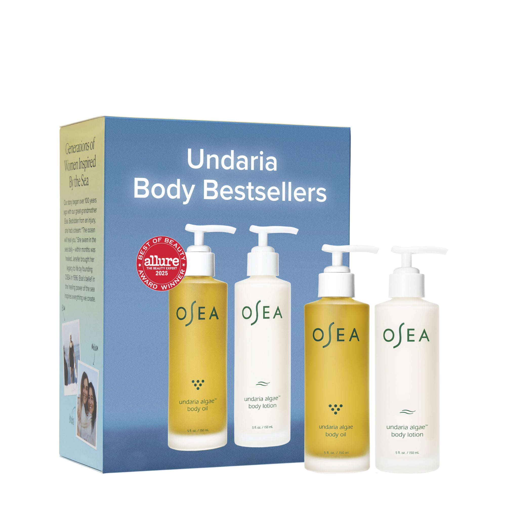 A box labeled “Undaria Body Bestsellers” by OSEA displays two yellow body oils and one white body lotion with Undaria seaweed, alongside the Allure 2023 award and partial box text.