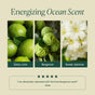 Three panels display zesty lime, bergamot, and sweet jasmine flowers—the signature notes of Ocean Wave Cleanser Bi-Phase Cleansing Oil and Makeup Remover by OSEA. Above the panels, text reads “Energizing Ocean Scent.” A five-star review below highlights the vibrant lime and bergamot fragrance, signed by Kate. The background is a light beige shade.