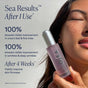 A woman holds a bottle of OSEA Dream Night Serum near her face with eyes closed in sunlight. Text highlights visible wrinkle improvement after one use and firmer skin from firming peptides after four weeks.