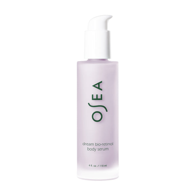 A frosted lavender bottle with a white pump labeled OSEA Dream Bio-Retinol Body Serum, 4 fl. oz/118 ml—an overnight body serum inspired by soothing lavender milk.