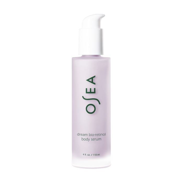 A frosted lavender bottle with a white pump labeled OSEA Dream Bio-Retinol Body Serum, 4 fl. oz/118 ml—an overnight body serum inspired by soothing lavender milk.