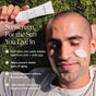 A man lies smiling on grass with eyes closed, applying OSEA Marine Screen SPF 50 Mineral Sunscreen to his cheek from a tube nearby. Text highlights daily sun protection benefits and natural non-nano zinc oxide ingredients.