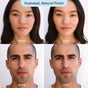 Split-screen image of two people, each with before and after photos showing smoother, more even skin. Text above reads: Hydrated, Natural Finish—thanks to OSEA Marine Screen SPF 50 Mineral Sunscreen.