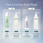An infographic titled “Firm & Hydrate Body Ritual” features OSEA’s Firm & Hydrate Body Trio, outlining AM/PM age-defying body care steps with images and labels using the trio’s products for hydration and firming results.