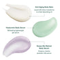 Three lotion swatches—white, green, and lavender—showcase OSEA’s Firm & Hydrate Body Trio: an age-defying collection for overnight firming and hydration.