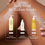 A close-up of moisturized legs with OSEA’s Undaria Body Glow Trio—body wash (Step 1), body serum (Step 2), and Undaria Algae Body Oil (Step 3)—showcasing their benefits for radiant, hydrated skin.