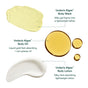 OSEA's Undaria Body Glow Trio features three textures: a yellow gel body wash, golden-hued Undaria Algae Body Oil, and a white body lotion, each accompanied by a brief description.