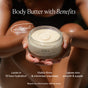 Person holding a jar of OSEA Undaria Algae™ Body Butter Bergamot & Vanilla Bean, with text: firming hydration—locks in moisture, visibly firms, minimizes crepiness, and leaves skin smooth. New scent! appears above the jar.
