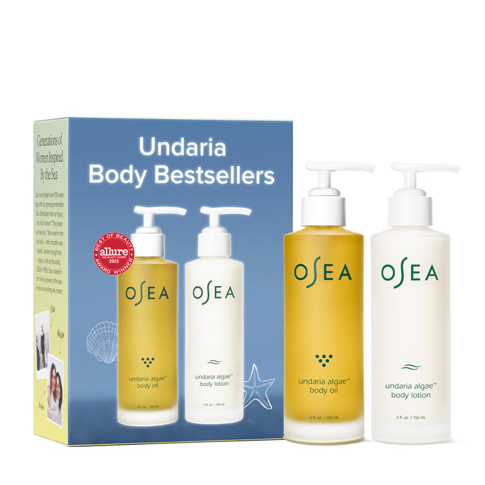 The OSEA Undaria Body Bestsellers Gift Set includes Undaria Algae Body Oil and Lotion in pump bottles for a seaweed-powered glow. The box shows product images and an award sticker.