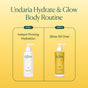 Two OSEA Undaria Body Bestsellers Gift Set bottles are side by side under Undaria Hydrate & Glow Body Routine, promising a seaweed-powered glow on a vibrant yellow background.