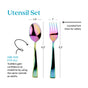 The Ahimsa Utensil Set features a colorful 6.2-inch spoon and fork with rounded tips for safety, helping toddlers use adult-like utensils at mealtime.