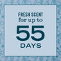 Text on a light blue square background reads, FRESH SCENT for up to 55 DAYS of garden-inspired scents from this Premium Scented Oil Diffuser Kit plug-in diffuser.