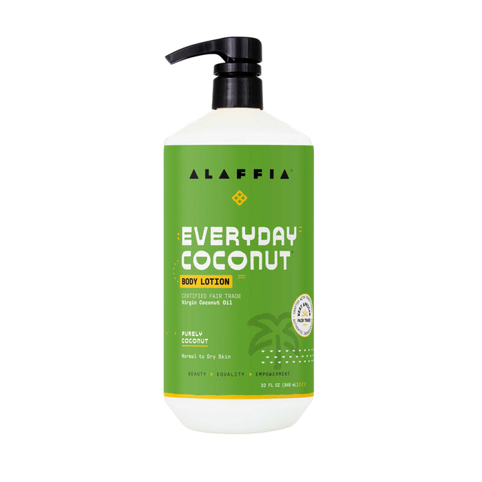 A 32 fl oz bottle of Alaffia EveryDay Coconut Body Lotion, designed for normal to dry skin, featuring a green label, black pump, and white base. This moisturizing lotion is made with pure, fair trade virgin coconut oil.